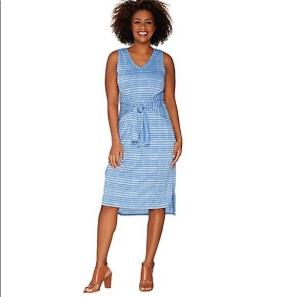 H by Halston Dresses & Skirts - H by Halston Petite Knit Pattern Midi Dress with Waist Tie in blue medium petite